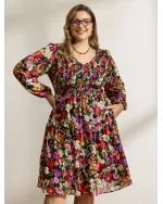 Floral Shirred Pockets Stretchy Waist Midi Dress