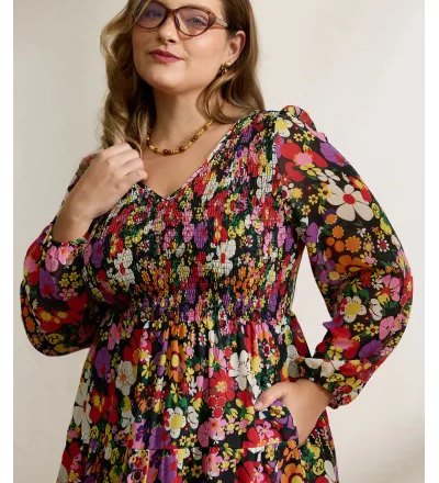 Floral Shirred Pockets Stretchy Waist Midi Dress