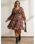 Floral Shirred Pockets Stretchy Waist Midi Dress