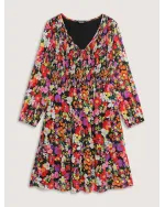 Floral Shirred Pockets Stretchy Waist Midi Dress