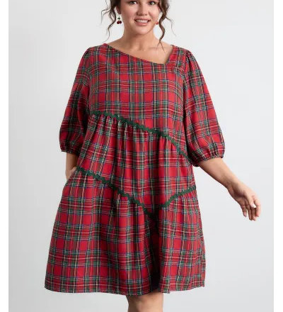 Festive Plaid Wavy Trim Midi Dress