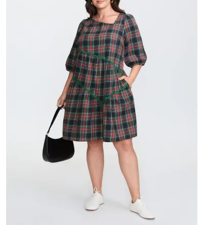 Festive Plaid Wavy Trim Midi Dress
