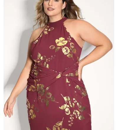 Gold Stamped Rose Twist Waist Midi Dress