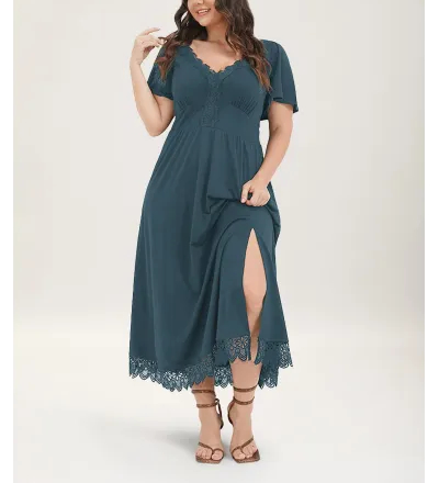 Solid Pocket Contrast Lace Split Maxi Dress