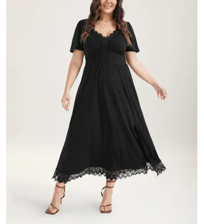 Solid Pocket Contrast Lace Split Maxi Dress