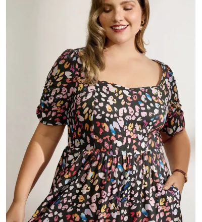 Rayon Leopard Print Drape Sleeve Midi Dress