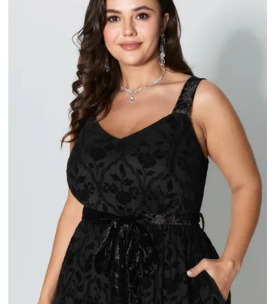 Flocked Spliced Velvety Tie Midi Dress