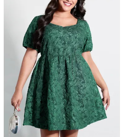 Textured Jacquard Puffy Sleeve Knee Dress