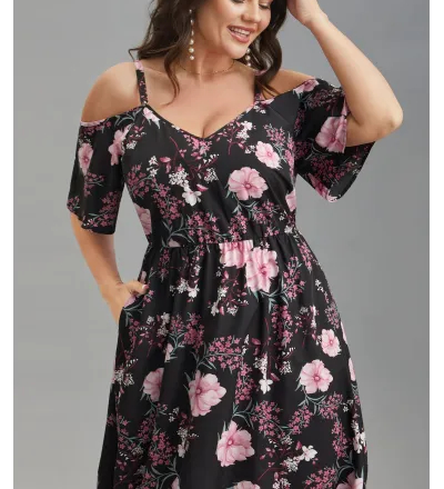 Floral Print Cold-Shoulder Pockets Midi Dress