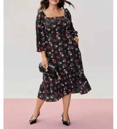 Colorful Rose Pattern Drawstring Neckline Midi Dress