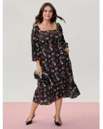 Colorful Rose Pattern Drawstring Neckline Midi Dress