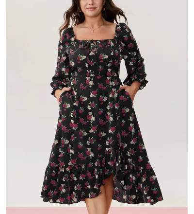Colorful Rose Pattern Drawstring Neckline Midi Dress