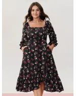 Colorful Rose Pattern Drawstring Neckline Midi Dress