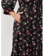 Colorful Rose Pattern Drawstring Neckline Midi Dress