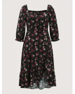 Colorful Rose Pattern Drawstring Neckline Midi Dress