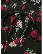 Colorful Rose Pattern Drawstring Neckline Midi Dress