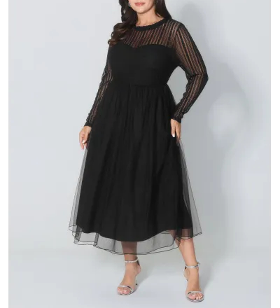 Mock Neck Sheer Stretchy Midi Dress