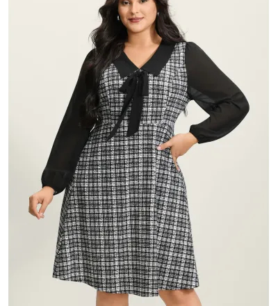 Plaid Stretchy Print Bow-Tie Midi Dress