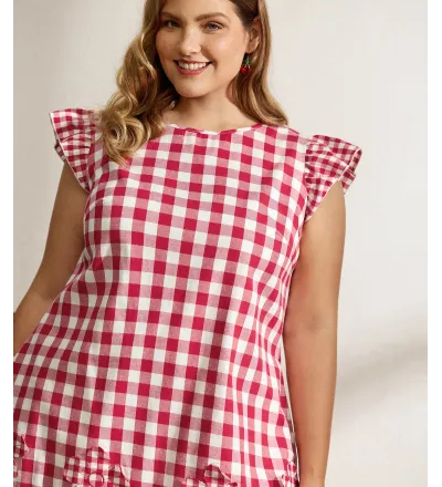 Cotton Gingham Embroidered Ruffled Hem Knee Dress