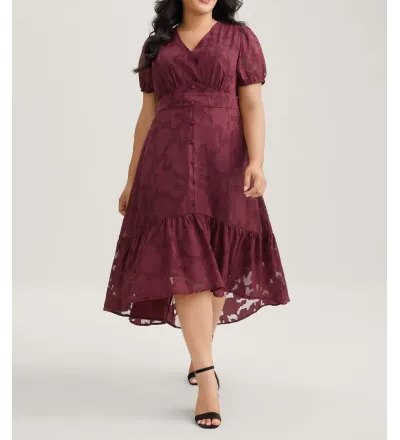 Solid Textured Lantern Sleeve Button Detail Dress