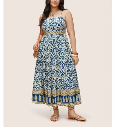 Boho Print Patchwork Adjustable Straps Cami Dress