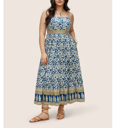 Boho Print Patchwork Adjustable Straps Cami Dress