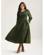 Plain Textured Shirred Midi Dress