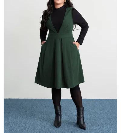 Corduroy Stretchy Waist V-Neck Midi Dress