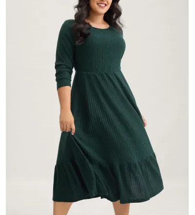 Solid Pocket Rib Knit Ruffle Hem Dress Without Belt
