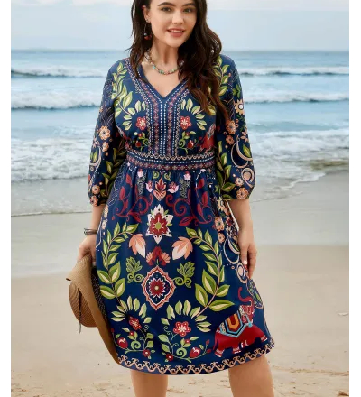 Boho Print V-Neck Pockets Midi Dress