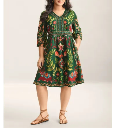 Boho Print V-Neck Pockets Midi Dress