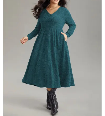 Rib Knit Plain Plisse Long Sleeve Dress