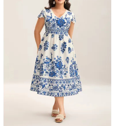 Boho Print V-Neck Pockets Midi Dress