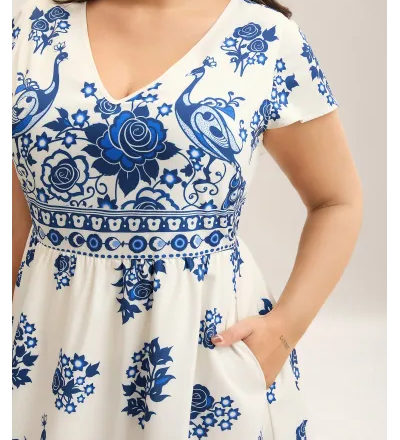 Boho Print V-Neck Pockets Midi Dress