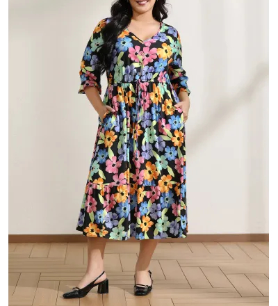 Floral Print Ruffled Drawstring Pockets Midi Dress