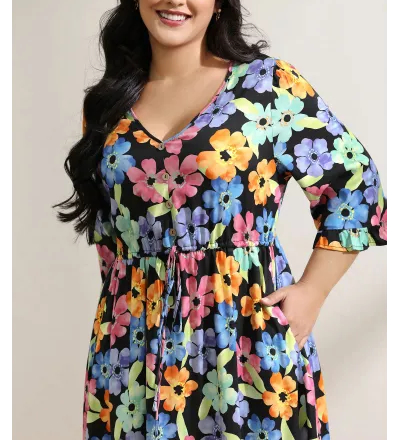 Floral Print Ruffled Drawstring Pockets Midi Dress