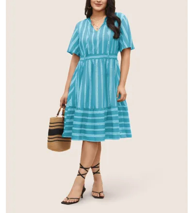 Striped Patchwork Tassels Ties Shirred Dress