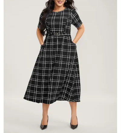Grid Print Knit Belted Maxi Dress