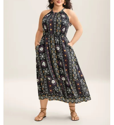 Rayon Tropical Boho Print Stretchy Maxi Dress