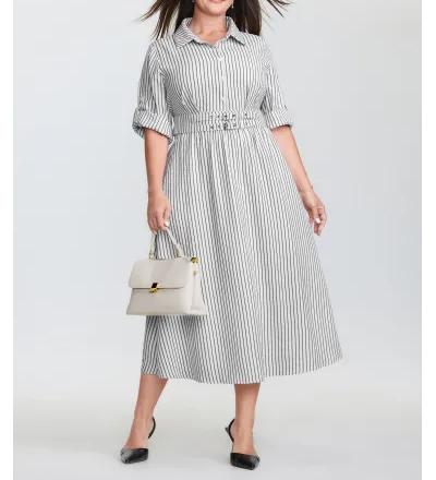 Striped Tab Sleeve Double Belt Midi Shirt Dress