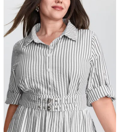 Striped Tab Sleeve Double Belt Midi Shirt Dress