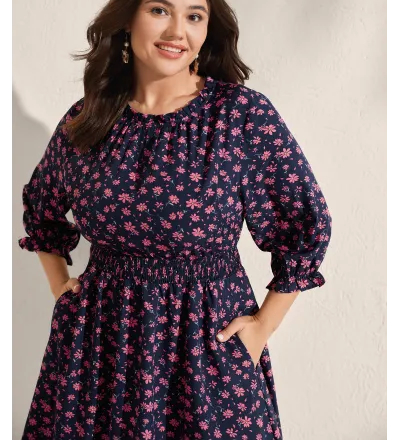 Floral Shirred Waist-Defining Pockets Midi Dress