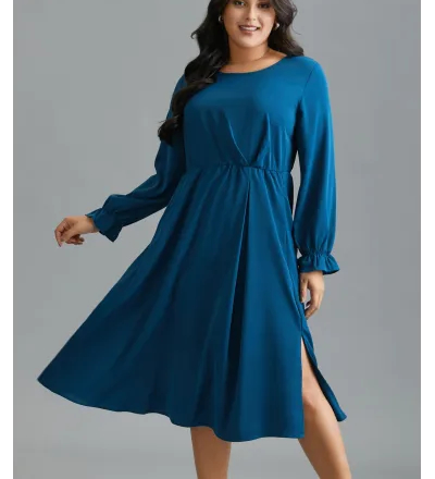 Ruffle Cuff Elastic Waist Split Hem Dress