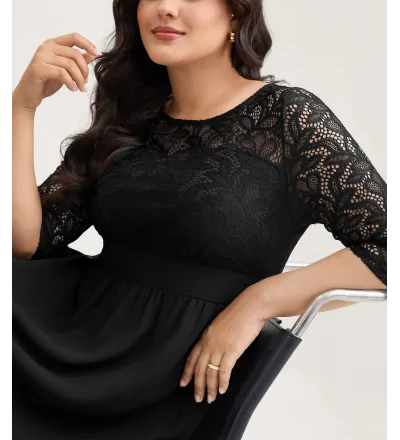 Lace Patchwork Shirred Midi Pocket Dress