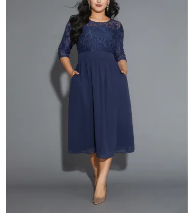 Lace Patchwork Shirred Midi Pocket Dress