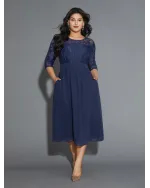 Lace Patchwork Shirred Midi Pocket Dress