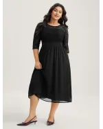 Lace Patchwork Shirred Midi Pocket Dress