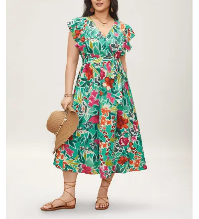 Floral Wrap Patchwork Ruffle Cap Sleeve Dress