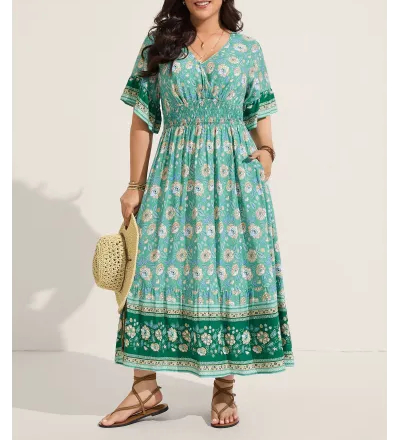 Floral Bell Sleeve Shirred Waist Midi Dress