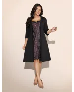 Heart Neckline Patchwork Sequin Button Detail Dress